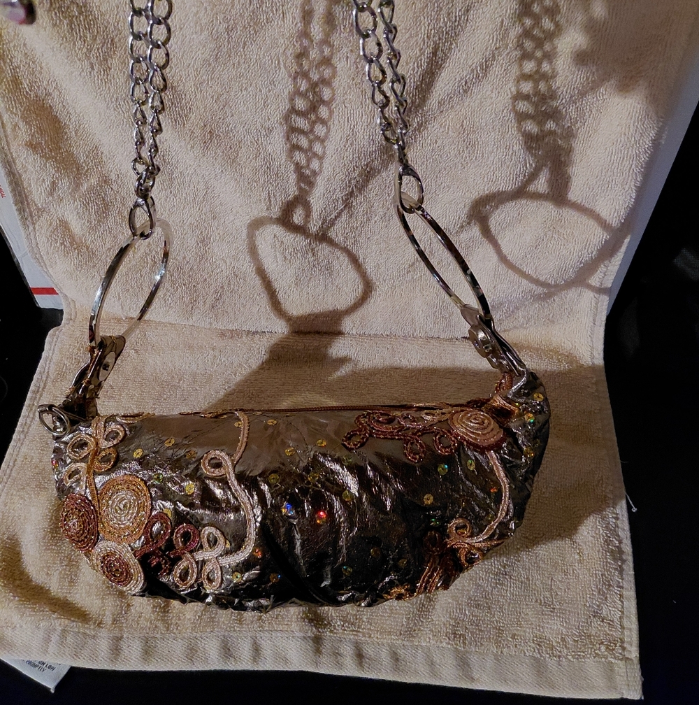Metallic Embroidered Clutch with Chain Strap